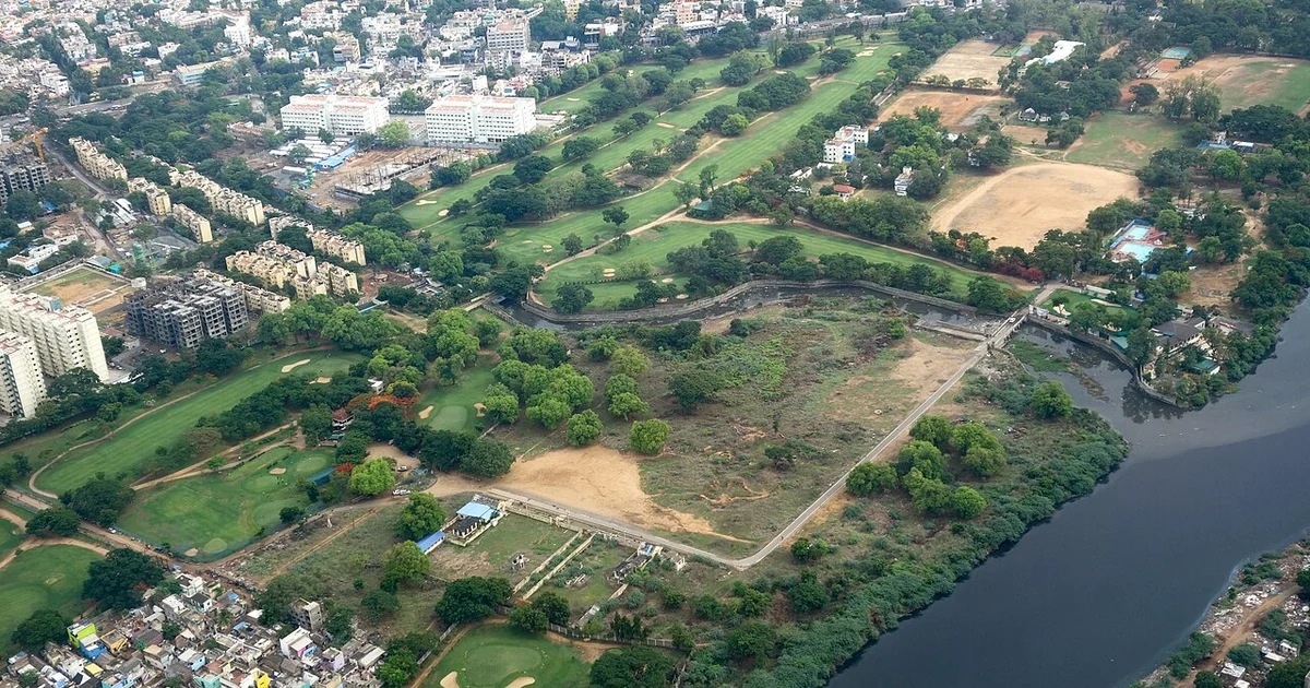 Aerial view of the Cosmopolitan Club Golf Course along the Adyar River, Chennai, Tamil Nadu, India